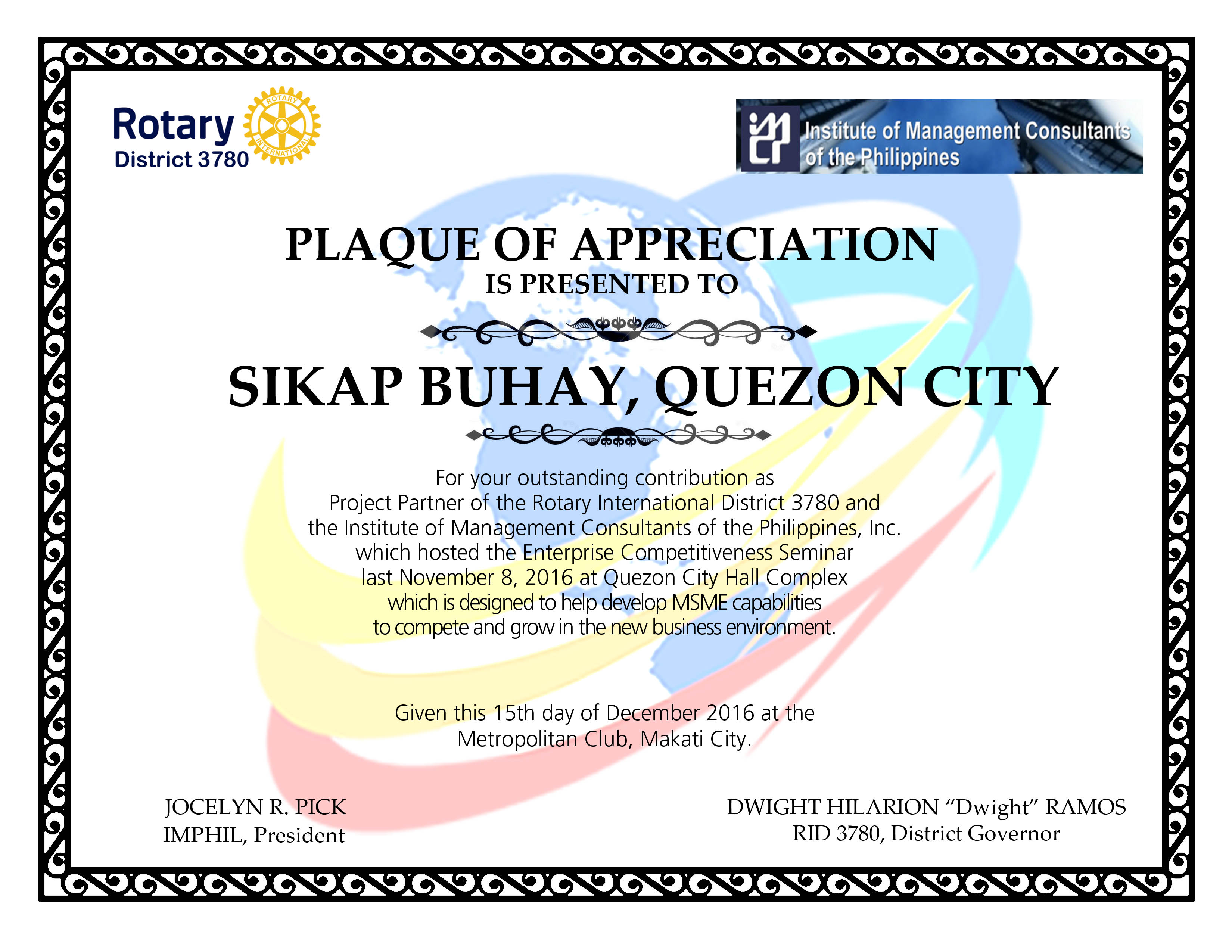 Sikap Buhal Plaque of Appreciation for Jocelyn Pick